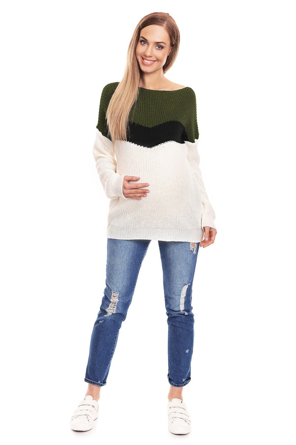 Tříbarevný těhotenský svetr model 40023 barva khaki+ecru