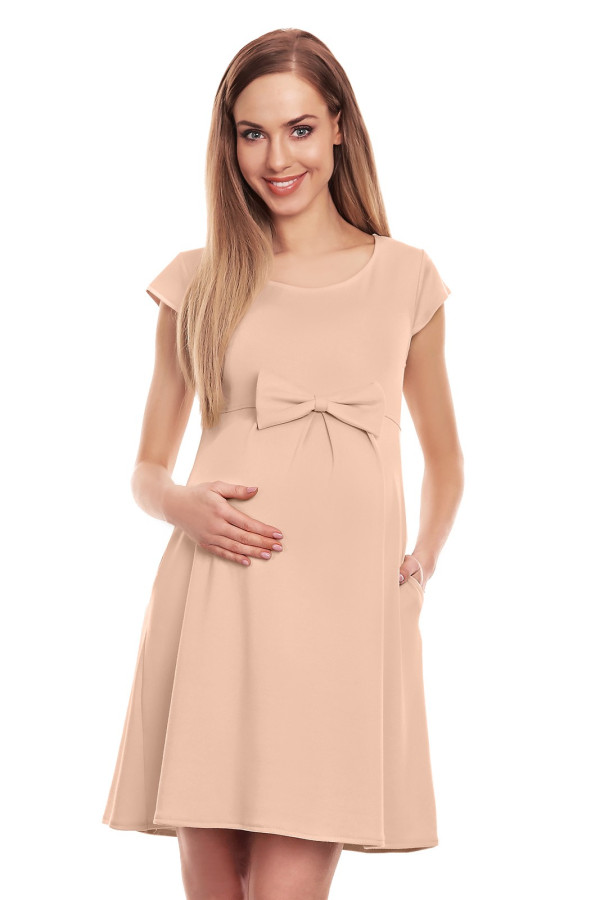 Těhotenské šaty s kapsami a výraznou mašlí vpředu model 0129 béžové