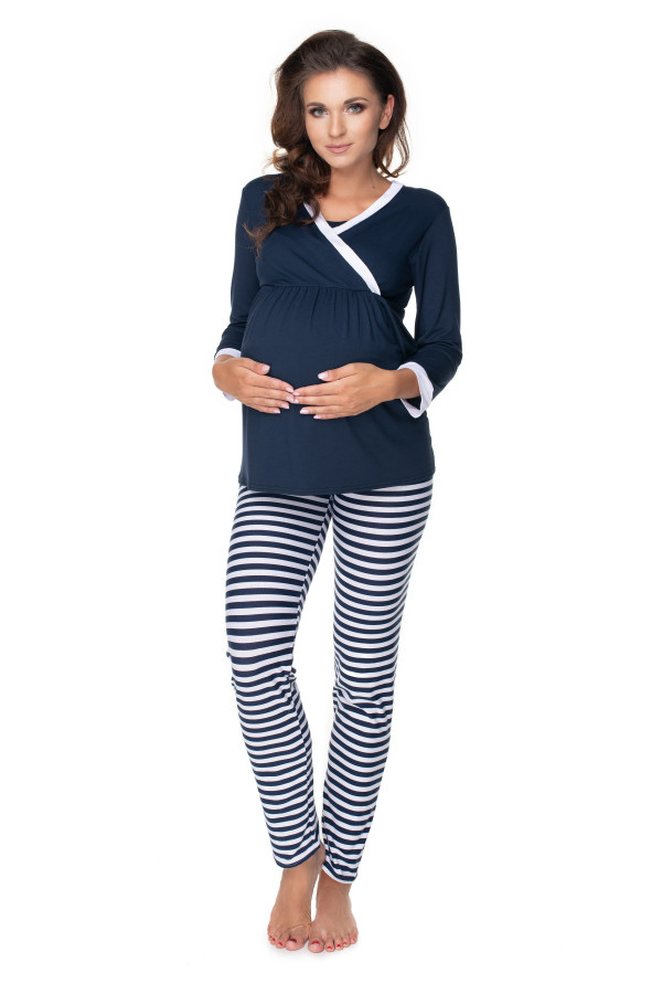 Těhotenské pyžamo s pruhovanými kalhotami model 0150 barva námořnická modrá+bílá