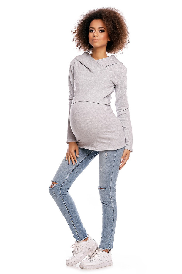 Těhotenská mikina s kapucí a s prostorem na kojení model 1473 světlá šedá