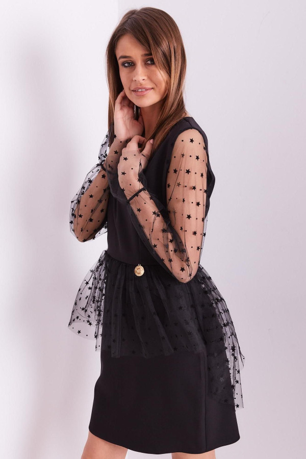 Elegantní šaty s tylovými rukávy model 0295 černé