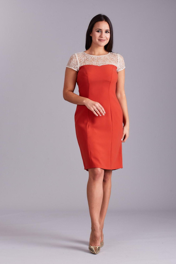 Koktejlové šaty se síťovaným dekoltem model 01195 oranžové