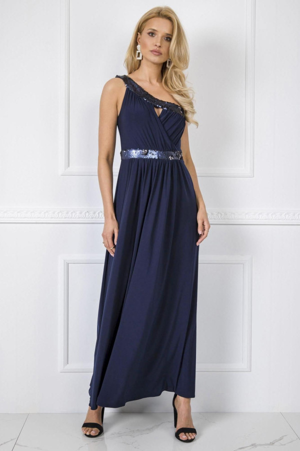 Asymetrické šaty Ashley s nařasením a flitry barva námořnická modrá