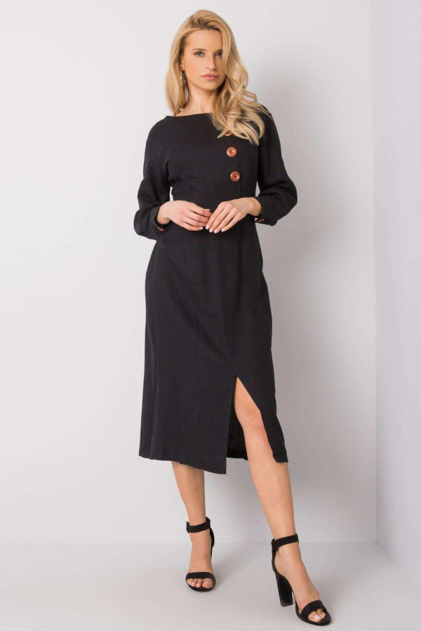 Midi bavlněné šaty Kirsten s knoflíky a rozparkem černé