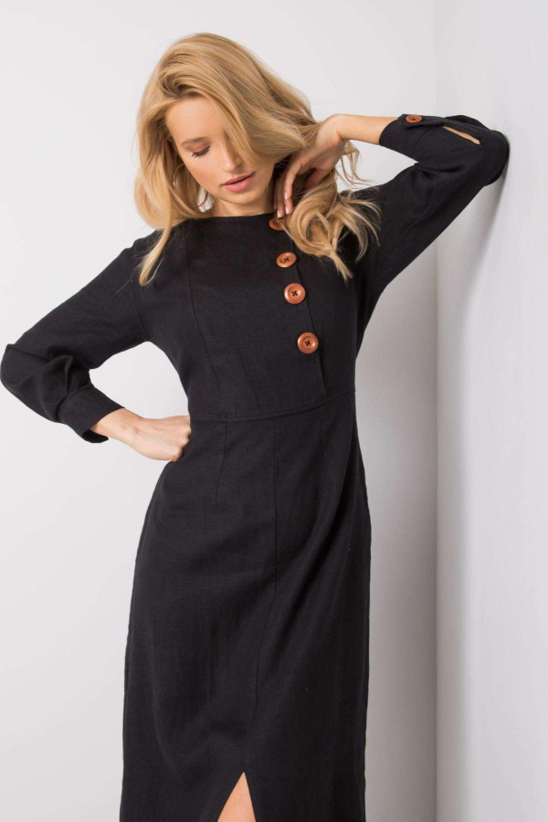 Midi bavlněné šaty Kirsten s knoflíky a rozparkem černé