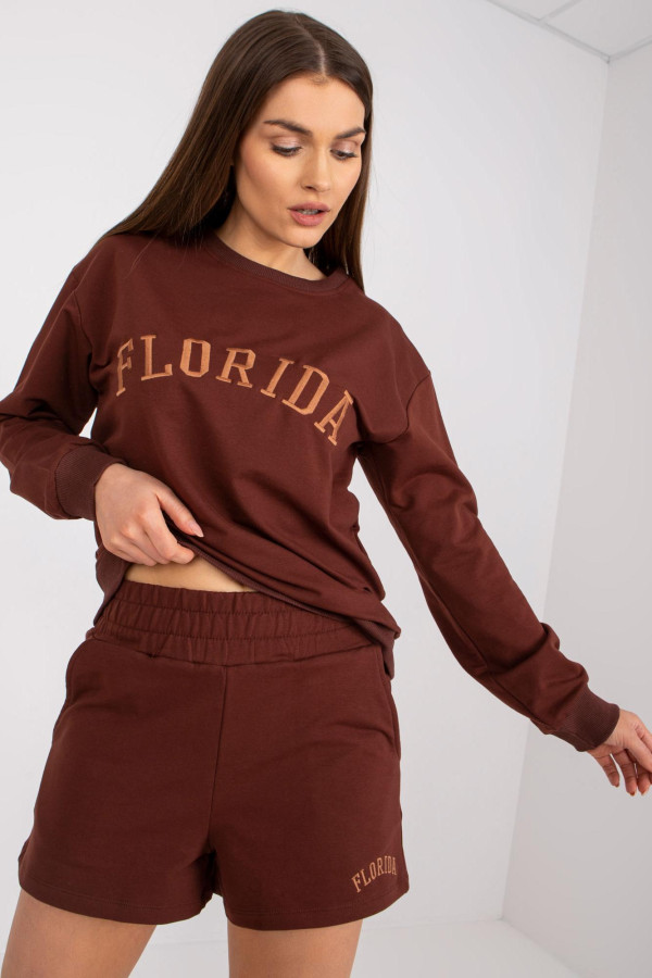 Souprava šortek a mikiny s vyšívaným nápisem Florida hnědá