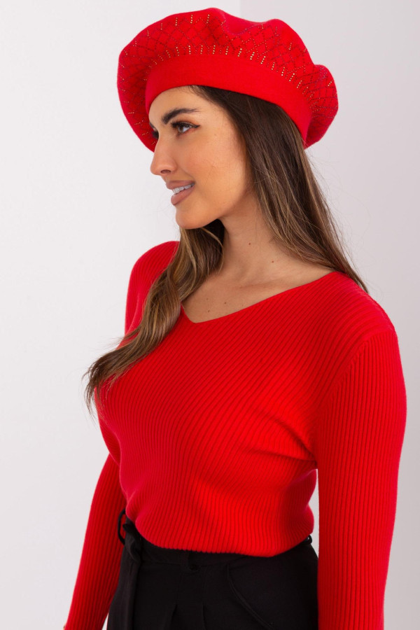 Dámská čepice baret se zirkony model 60504 červená