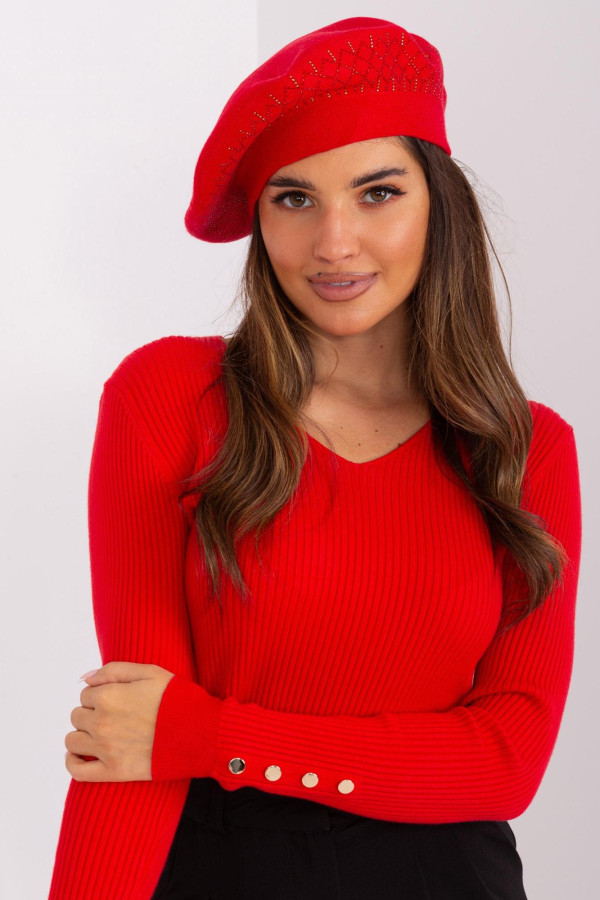 Dámská čepice baret se zirkony model 60504 červená