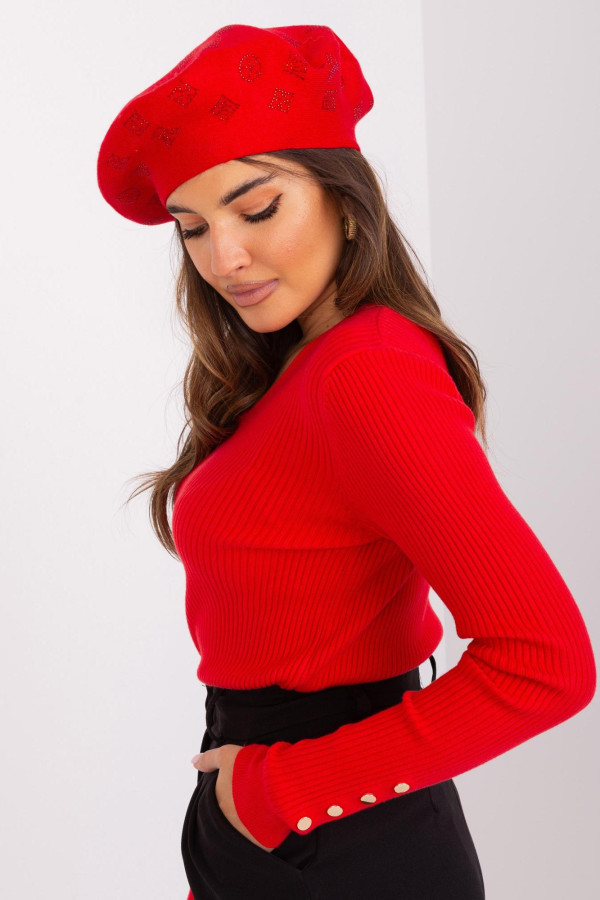 Dámská čepice baret s aplikací model 31826 červená