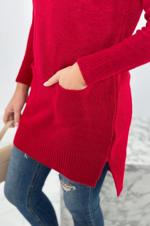 Úpletový svetr s rozparky, kapsami a stojáčkem červený