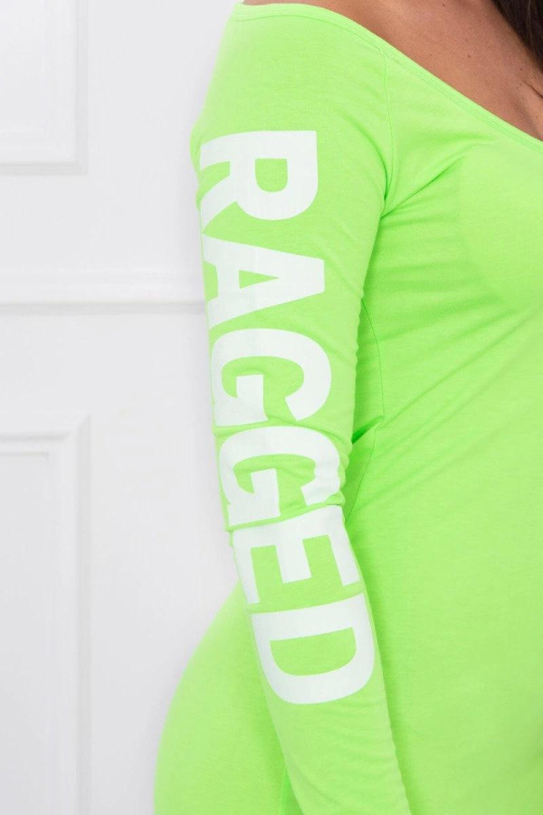 Šaty s nápisem RAGGED na rukávu a odhalenými dříkem neonově zelené