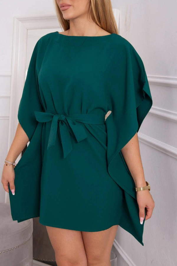 Oversize šaty s netopýřími rukávy a vázankou v pase tmavě zelené