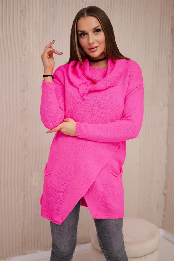 Prodloužený svetr v zavinovacím stylu s kapucí neonově růžový