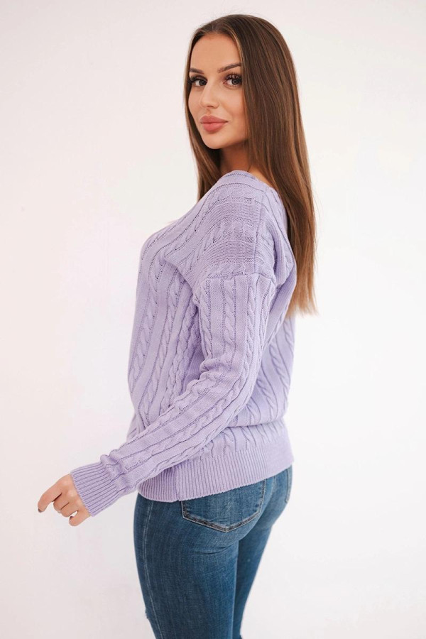 Úpletový svetr s copánkovým vzorem a véčkovým výstřihem barva lila