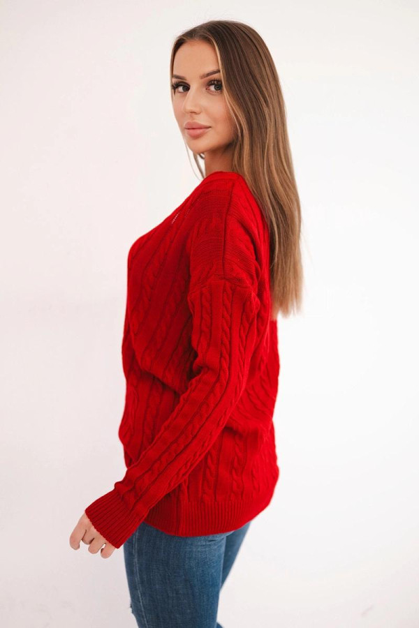 Úpletový svetr s copánkovým vzorem a véčkovým výstřihem červený