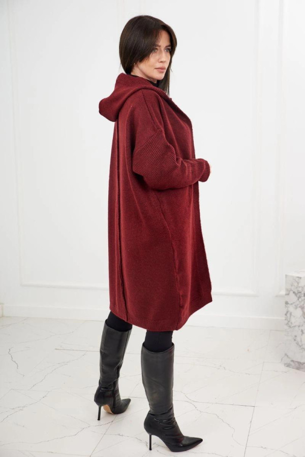 Dlouhý kardiganový svetr s kapucí model 24-34 bordový