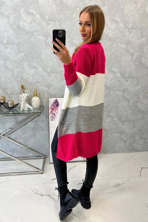 Tříbarevný kardiganový svetr model 2019-12 malinový+barva ecru