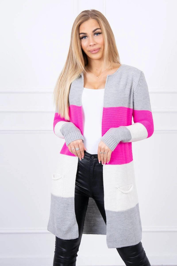 Tříbarevný kardigánový svetr model 2019-12 šedý+neonově růžový