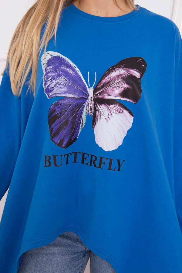 Prodloužená oversize halenka s potiskem motýla královská modrá
