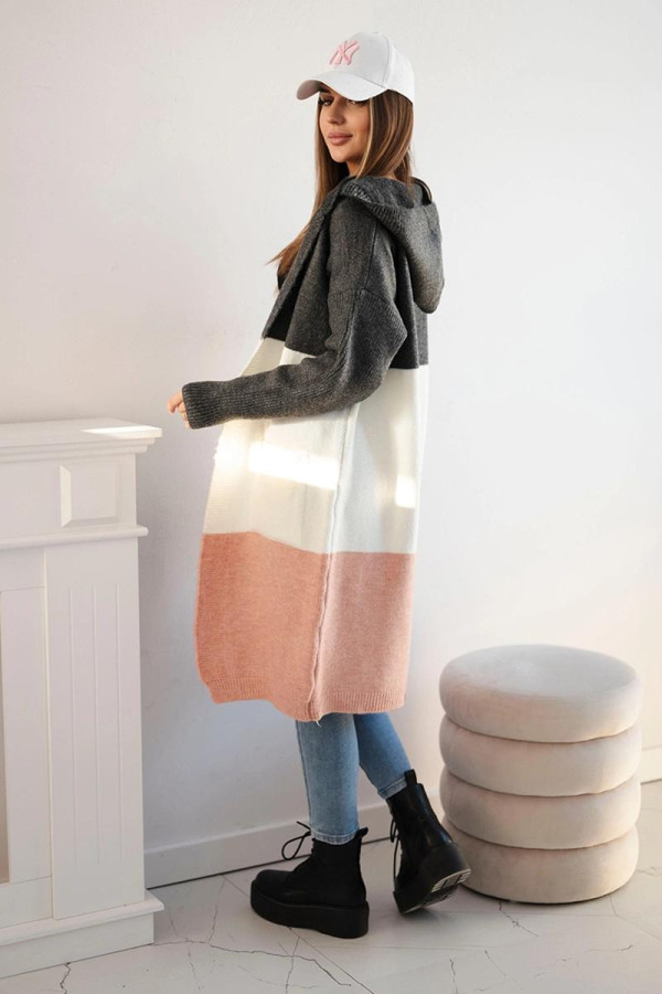 Dlouhý tříbarevný kardiganový svetr s kapucí model 24-35 grafitový+barva ecru+pudrově růžový
