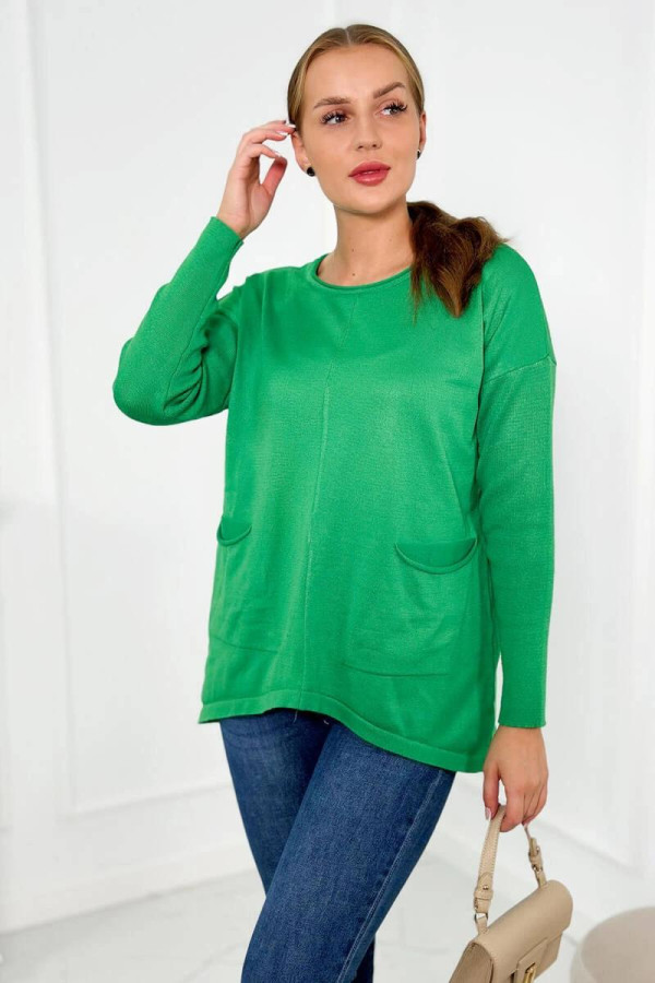 Tenký svetr s předními kapsami model 2432 zelený