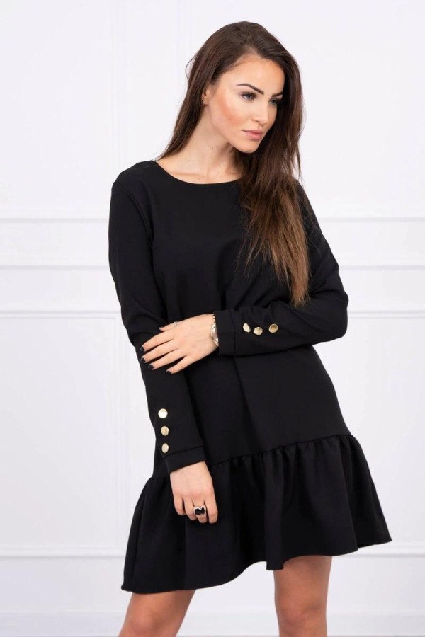 Šaty s volánovou sukní a knoflíky na rukávech černé