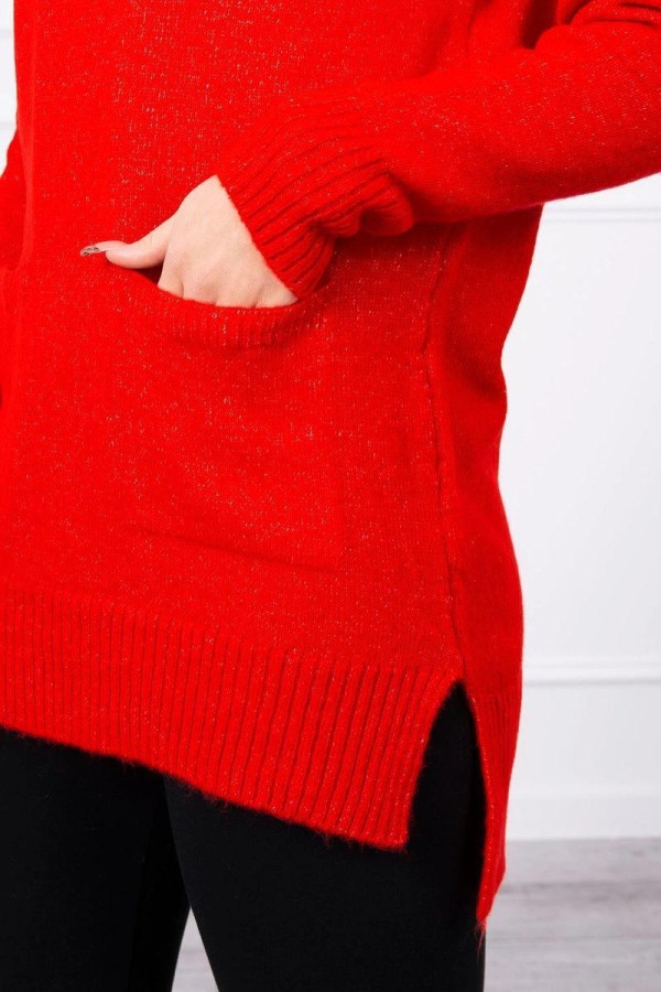 Úpletový svetr s rozparky, kapsami a stojáčkem červený