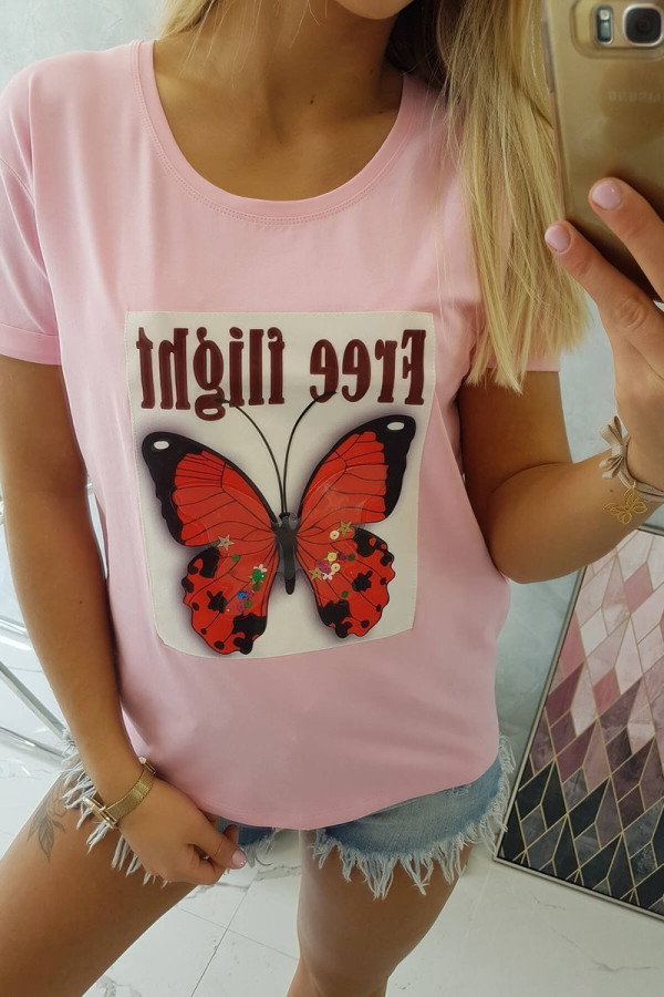 Tričko s potiskem motýla a nápisem Free Flight pudrově růžové