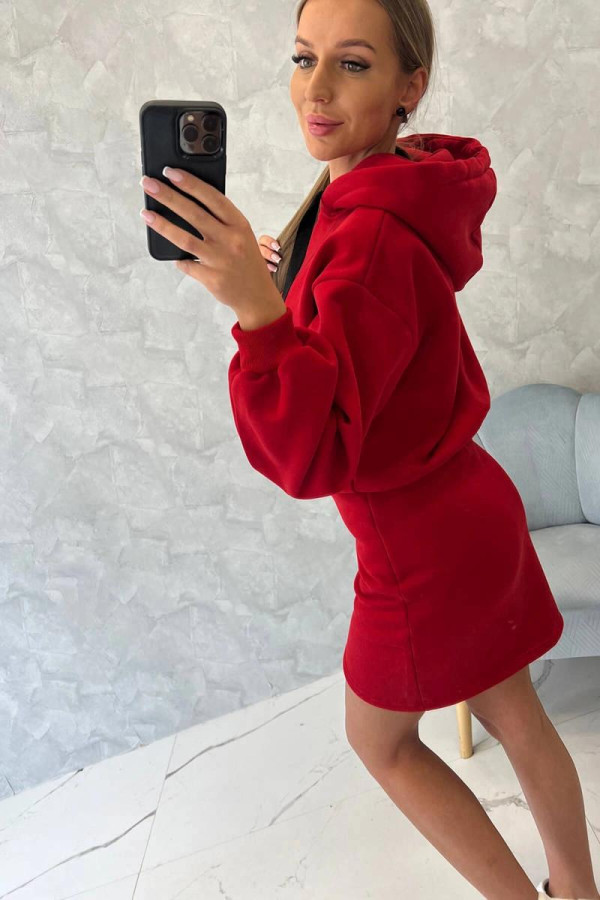 Zateplené mikinové šaty s kapucí model 9432 červené