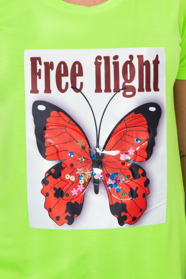Tričko s potiskem motýla a nápisem Free Flight neonově zelené