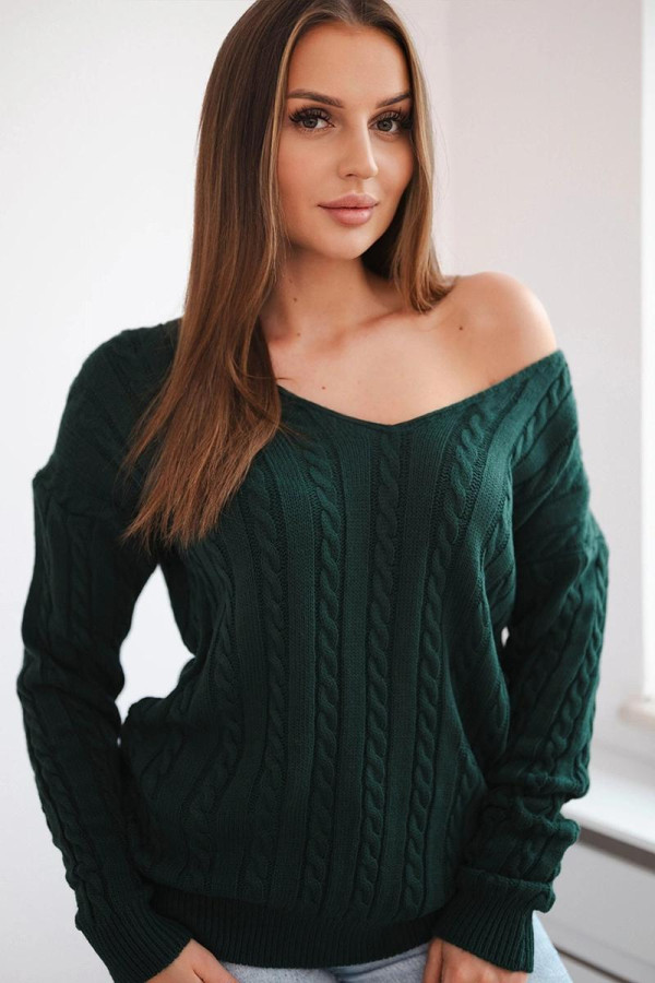 Úpletový svetr s copánkovým vzorem a véčkovým výstřihem tmavě zelený
