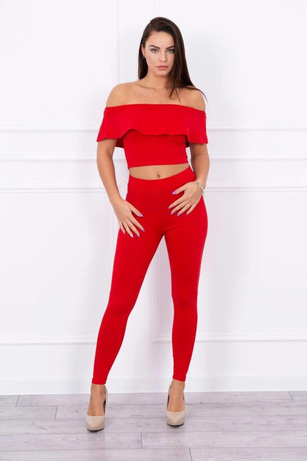 Komplet kalhoty+top s volány červená