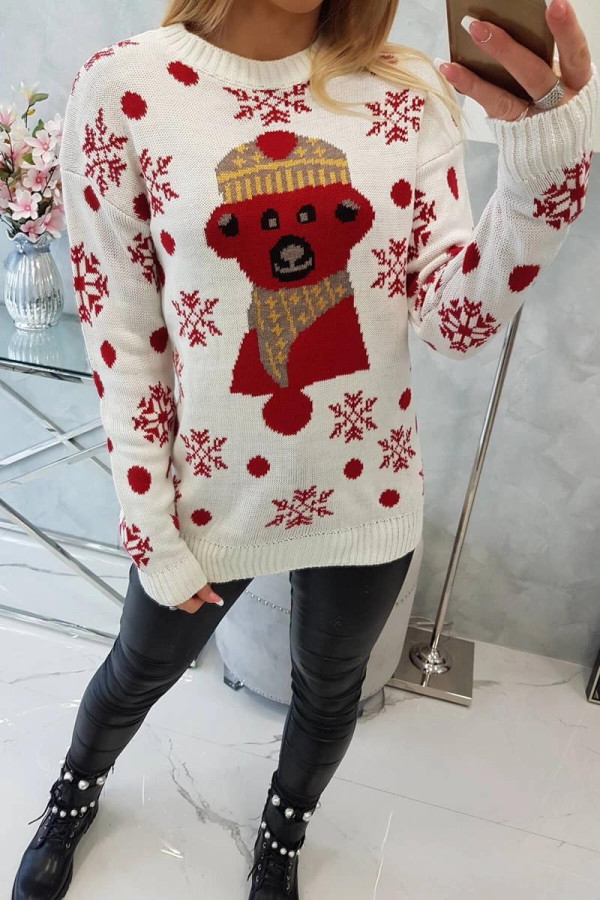 Vánoční svetr s medvídkem model 2021-19 barva ecru