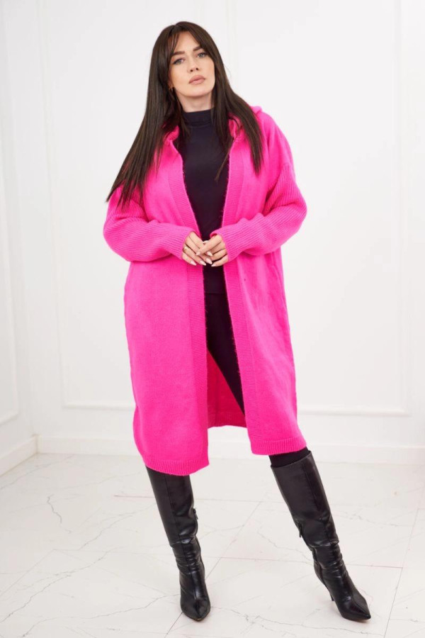 Dlouhý kardiganový svetr s kapucí model 24-34 neonově růžový