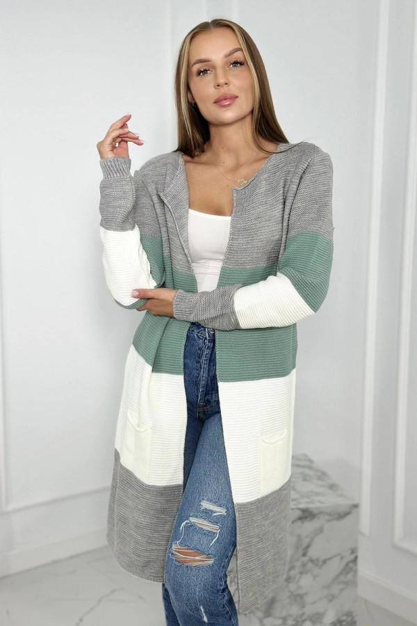 Tříbarevný kardigánový svetr model 2019-12 šedý+tmavý mentolový