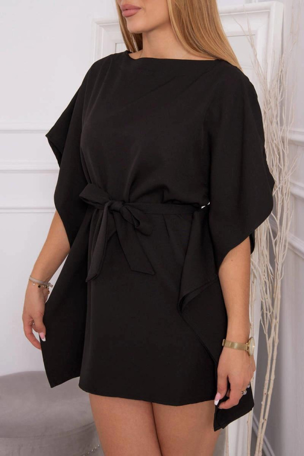 Oversize šaty s netopýřími rukávy a vázankou v pase černé