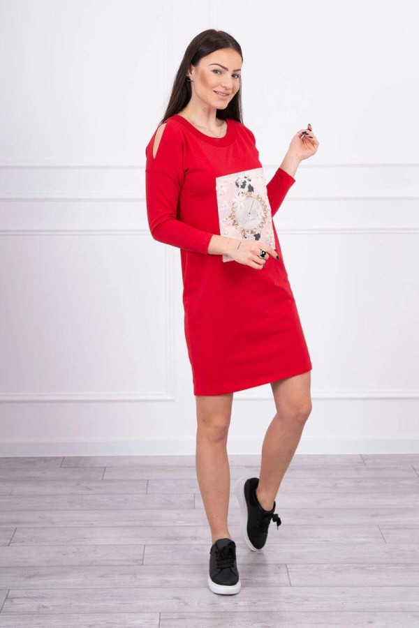 Šaty s 3D grafikou hodinek s našitými perlami model 66816 červené