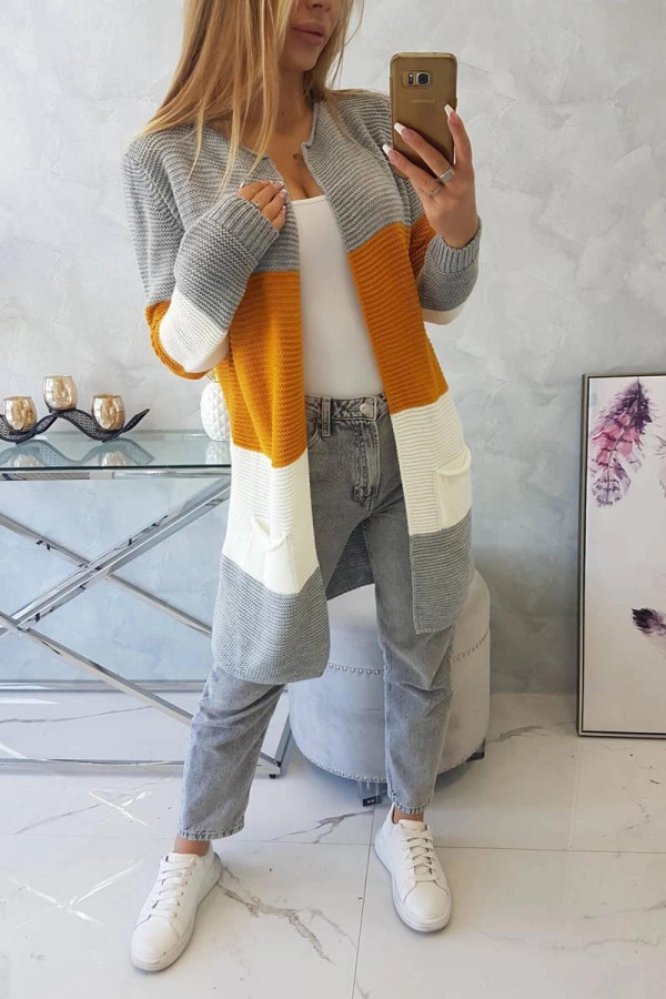 Tříbarevný kardigánový svetr model 2019-12 šedý+hořčicový