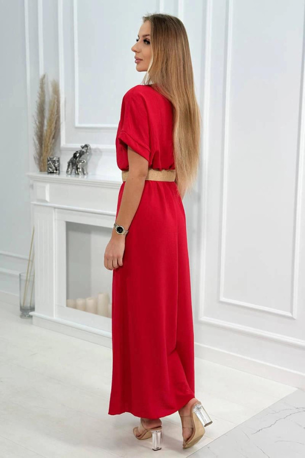 Dlouhé šaty s ozdobným páskem a rozparkem model 6012F červené