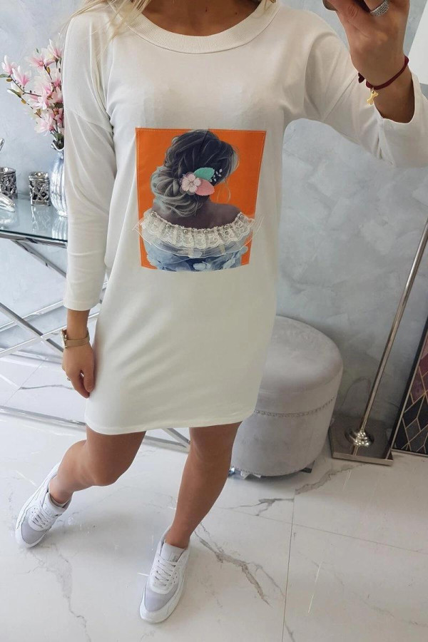Šaty s 3D grafikou s krajkou a zirkony model 66829 barva ecru