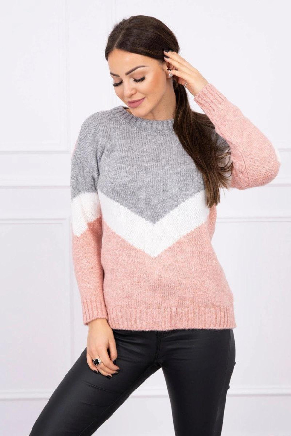 Dvoubarevný svetr s véčkovým vzorem model 2019-51 šedá+pudrově růžová