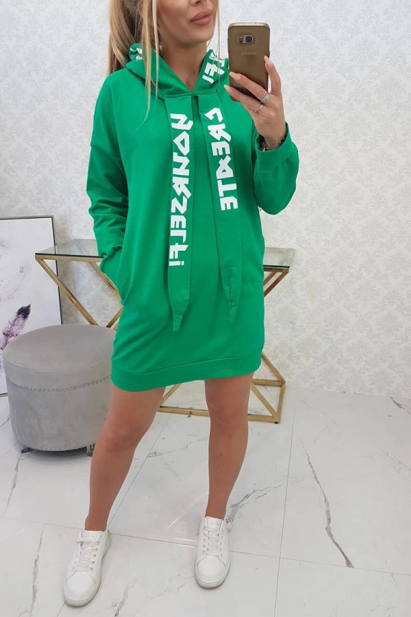 Šaty s kapucí a nápisy Create Yourself zelené