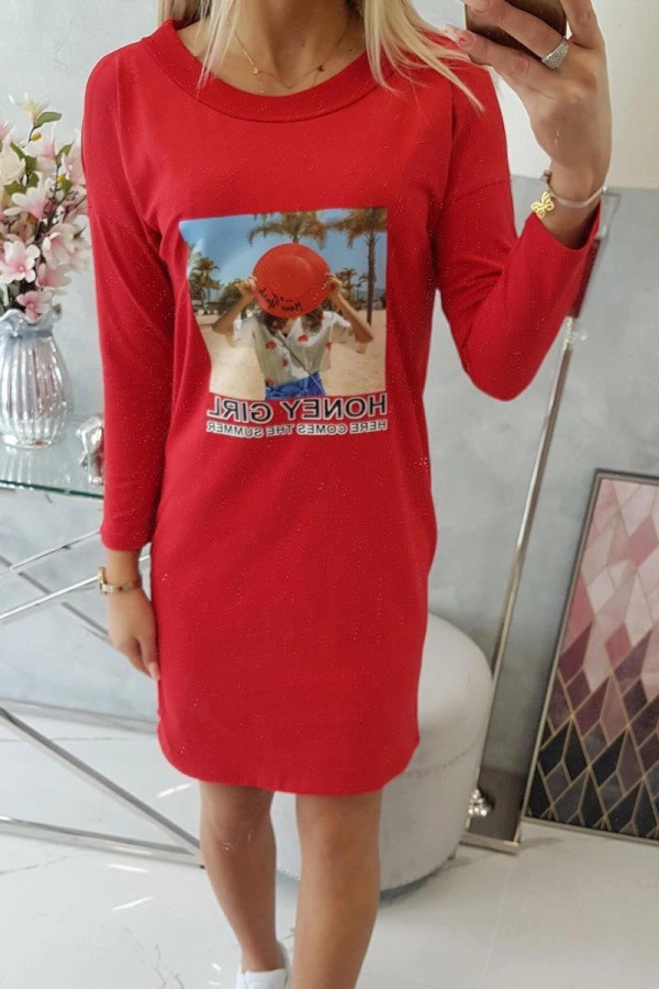 Šaty s letním motivem a nápisem Honey Girl červené