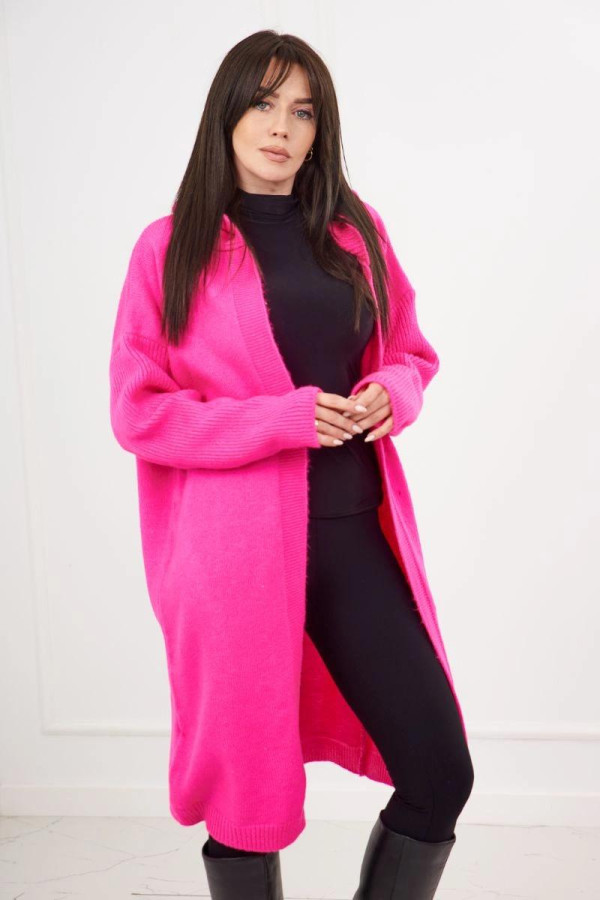 Dlouhý kardiganový svetr s kapucí model 24-34 neonově růžový