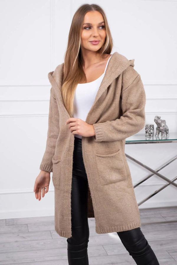 Kardiganový svetr s kapucí a kapsami model 2020-10 barva camel