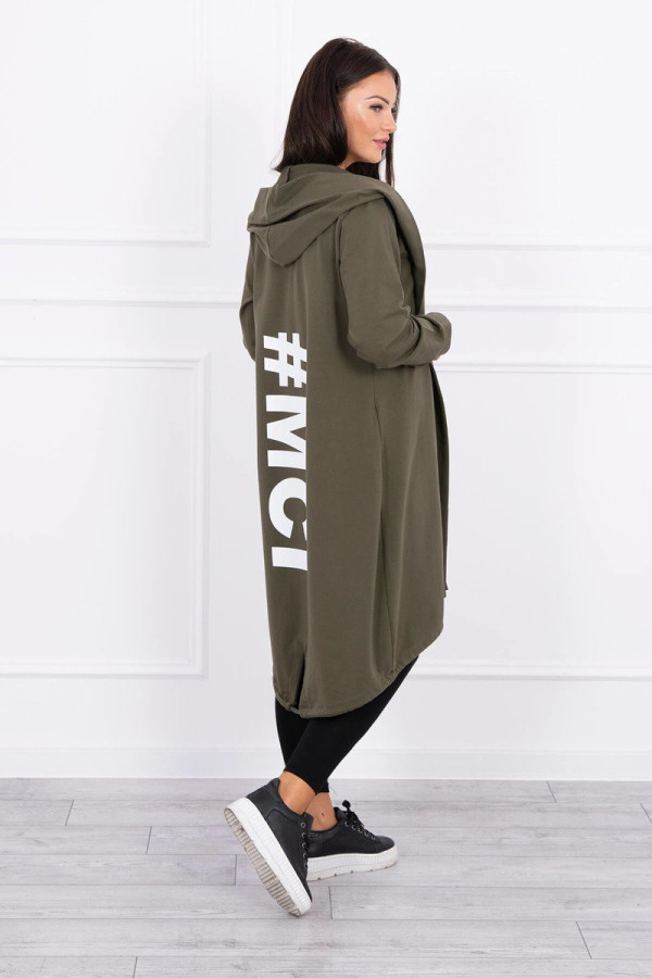 Kardigán s kapucí a s velkým nápisem #MCI na zádech barva khaki