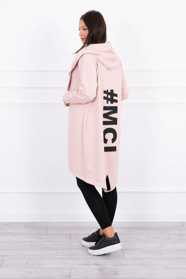 Kardigán s kapucí a s velkým nápisem #MCI na zádech růžový