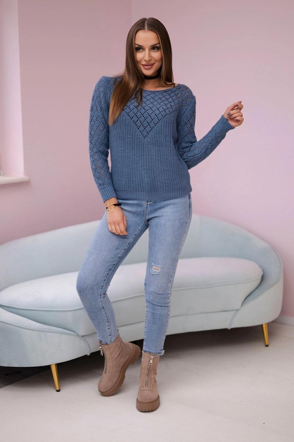 Úpletový svetr s kosočtvercovým vzorem model 2019-39 barva džínová