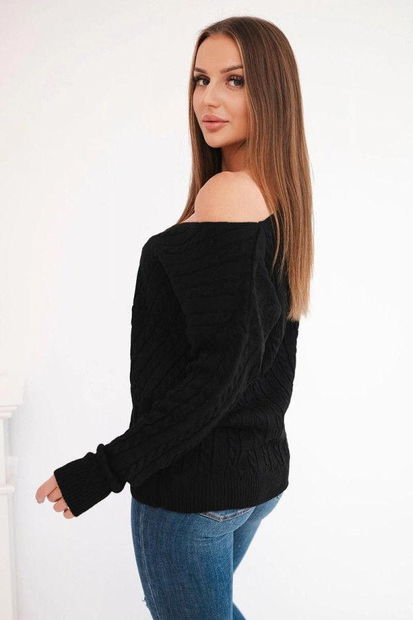 Úpletový svetr s copánkovým vzorem a véčkovým výstřihem černý