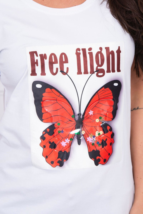Tričko s potiskem motýla a nápisem Free Flight bílé